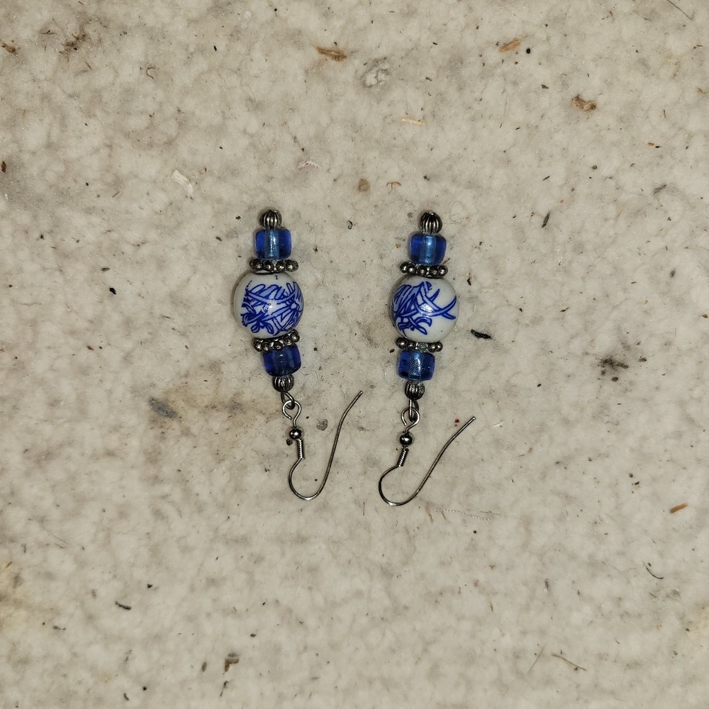 Blue White Porcelain Style Beaded Dangle Earrings Handmade Glass Bead Boho‎
